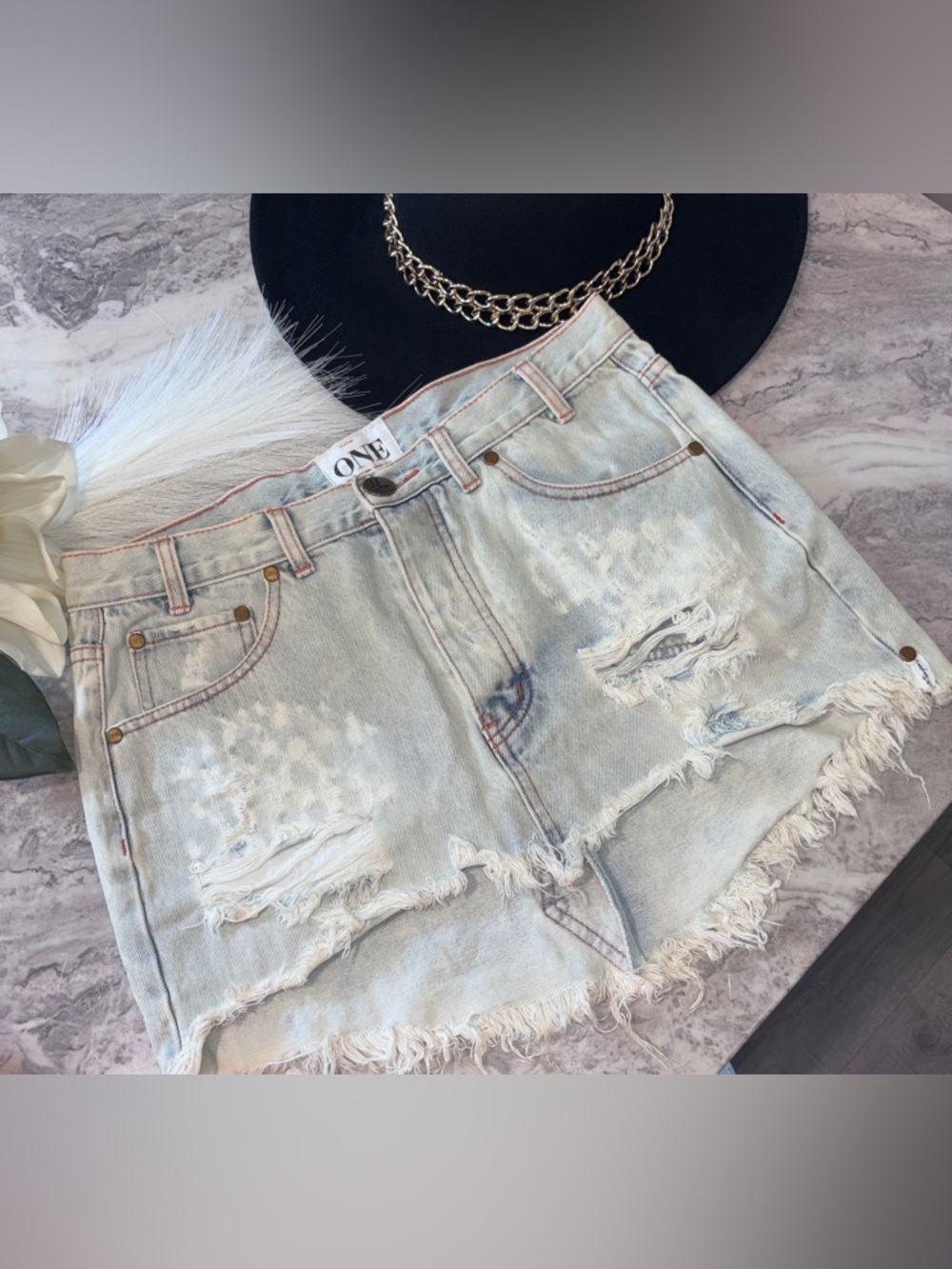 One Teaspoon X junkyard Faded Light Blue Distressed Denim Mini Skirt acid wash